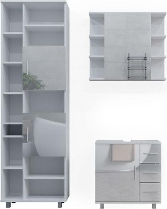 Vicco Conjunto De Muebles De Ba&ntilde;o Ilias, Blanco Alto Brillo, 3 Partes, Con Armario Alto, Vicco