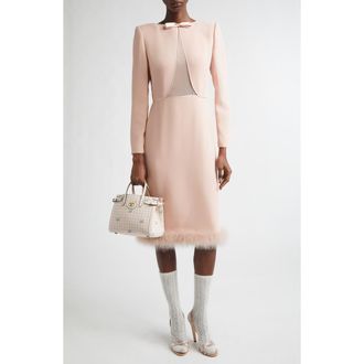 Valentino Feather Trim Long Sleeve Silk Cady Couture Dress in Rose at Nordstrom, Size 6 Us