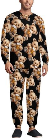 Generic Teddy Bear With Beer Trendy Pajama Set for Men Crewneck Long Sleeve Loungewear Soft Sleepwear 2XL