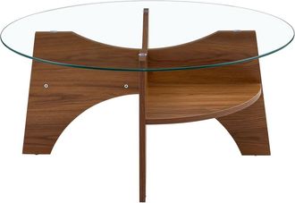 Urban Meuble Mesa de centro redonda de cristal con patas de madera efecto nogal