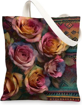 Generic Vintage Floral Canvas Tote Bag, Reusable Grocery Bag, Lightweight Linen Shoulder Bag 13x15 Inch