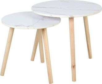 OEM Mesas Auxiliares - Aktive - Juego De 2 - 40x44 Cm - 50x50 Cm - Blancas - Patas De Madera Natural - Efecto M&aacute;rmol