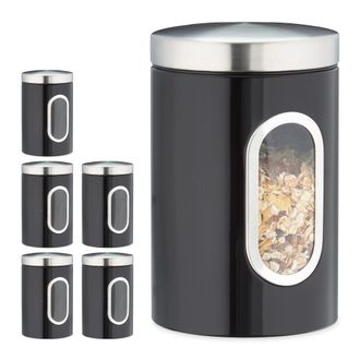 Relaxdays 6 Recipientes Almacenamiento Cocina, Con Tapa Y Ventana, 1,4 L, Contenedores Para Caf&eacute;, Harina, Pasta, Bote Metal, Negro