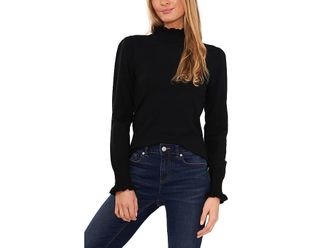 CeCe by Cynthia Steffe Mock Neck Ruffle Cuff Sweater Womens Clothing Rich Black : XL, Polyester/Spandex