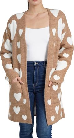 Love Token Hearts Long Sleeve Cardigan In Beige