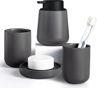 OEM Juego De 4 Accesorios De Cer&aacute;mica: Jabonera, Dispensador, Cepillo De Dientes, Vaso - Gris - Para El Hogar Y El Ba&ntilde;o