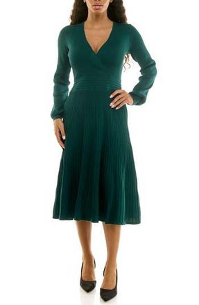 Nina Leonard Long Sleeve Ribbed Fit & Flare Sweater Dress in Emerald at Nordstrom Rack, Size Medium