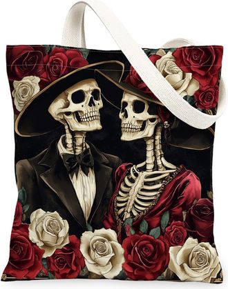Generic Romantic Valentines Day Cupid Canvas Tote Bag for Shopping 13x15, Gothic Skeleton Skull Couple Reusable Grocery Print Bag for Women, Goth Lover Beach 