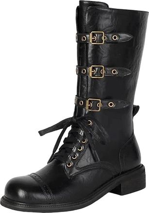 Generic Womens Knight Mid Calf Boots Round Toe Med Square Heel Lace Up Front With Belt Buckles Retro Combat Style Footwear