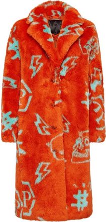 Philipp Plein Eco fur Long Coat Monogram - Dames - Mantel - Oranje - XS - Polyester - Jassen