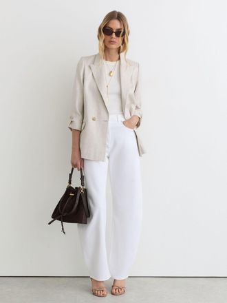 Reiss White Barrel-leg Topstitched Jeans, 32R