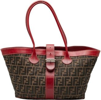 Fendi Brown Red Color Canvas Leather Handbag Tote Bag (Pre-Owned)