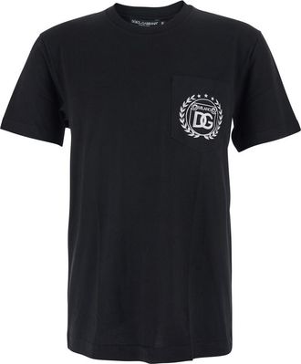 Dolce & Gabbana Black Crewneck T-Shirt With Logo Embroidery On The Front In Cotton Man