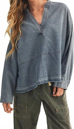 Mustard Seed Split-Neck Frayed Edge Denim Blouse In Blue