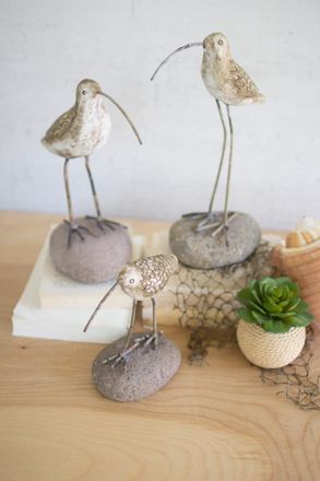 Kalalou Set Of Three Painted Clay Shore Birds On Rock Bases