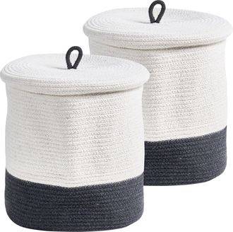 Beliani Conjunto De 2 Cestas De Algod&oacute;n 32 Cm A Rayas Tapa Accesorios Boho Gris/blanco Silopi