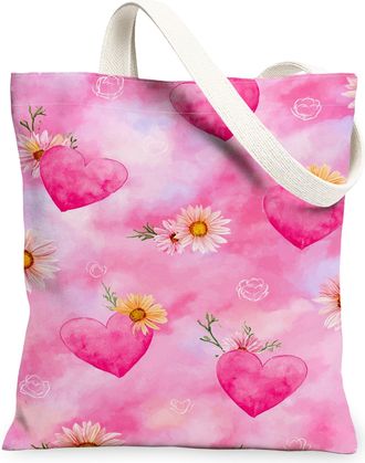 Generic Romantic Floral Canvas Tote Bags, Heart Pattern Reusable Grocery Bags, Summer Vintage Lightweight Washable Shoulder Strap C, Peach, 13x15 Inch