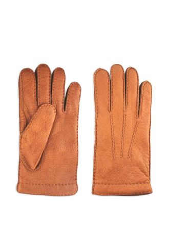 Restelli leather stitched gloves - unisex - Peccary Leather/Cashmere - 9.5 - Brown