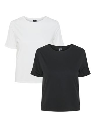 Pieces Kurzarmshirt PIECES PCAMIRA SS TEE 2-PACK NOOS BC, Damen, Gr. M, weiss (schwarz pack:2 pack hellwei&szlig;, schwarz), Jersey, Obermaterial: 60% Baumwolle, 4
