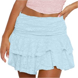 Generic Womens Ruffle Skirt High Waist Ruffle Skirt Shorts Layered Loose Summer Skorts Casual Short Skirts Elastic A-Line Flowy Half Slip Mini Beach Skirts Pa