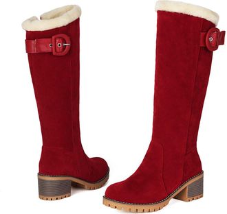 Generic Womens Knee High Boots Warm Stretch Winter Booties Faux Suede Faux Fur Lined Chunky Heel Side Zipper Non-Slip Thermal Snow Boots for Cold Weather