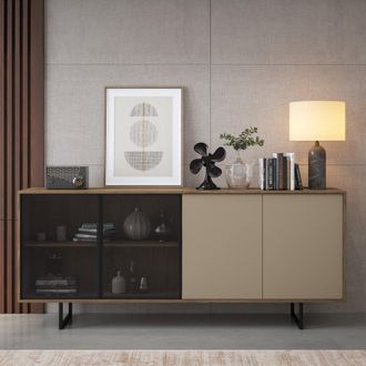 Dmora Aparador Malnate, Madia 3 Estantes, Puertas Abatibles, 4 Puertas, 200x40x87h Cm Beige