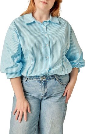 English Factory Striped Balloon Sleeve Button Down Shirt in Powder Blue at Nordstrom, Size 3X