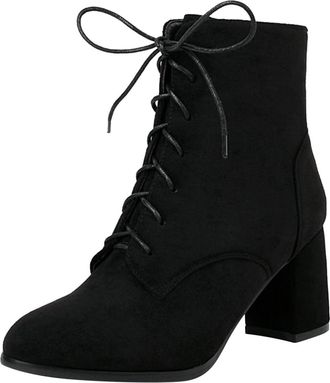 Generic Ankle Boots for Women Block Mid Heel Boot Lace up Autumn Winter Warm Ankle Shoes Vintage Booties Plush Waterproof Trainers Casual Smart Party Footwear