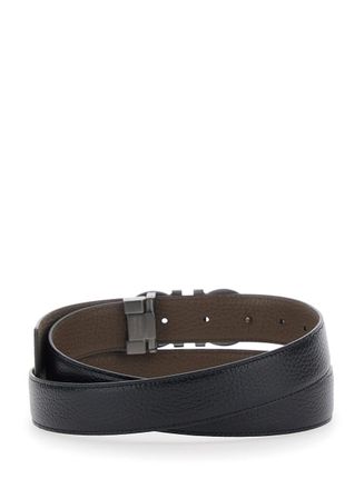 Ferragamo Mens Belt With Gancini Buckle, Black Leather Calf
