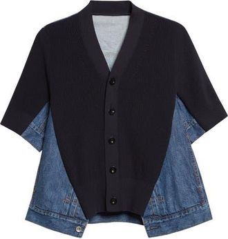 sacai Mixed Media Knit & Denim Cardigan in Navy/Blue at Nordstrom, Size 3