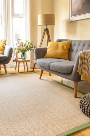 Kukoon Natural Golden Beige Jute Micro Woven Herringbone Pattern Cotton Border Area Rug in Green | Size: 160 cm x 230 cm