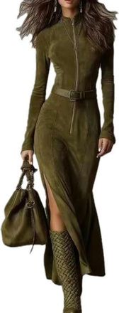 Generic Cowgirl Outfits Western Faux Suede Maxi Dress for Women Long Sleeve High Slit Wrap Dresses with Ruffled Hem Flowy Belted Floor Length Ankle Shirt Dres