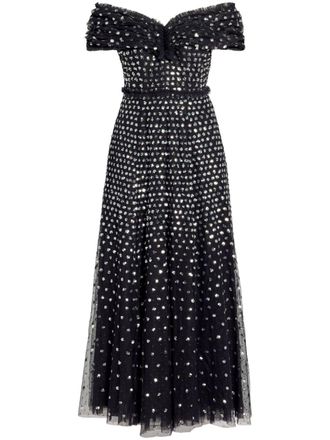 Needle & Thread Grace Gloss off-shoulder gown - women - Recycled Polyester/Recycled Polyester - 18 - Black