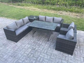 Fimous Outdoor Garden Furniture Rattan Lounge Sofa Set Patio Dining Table 2 Armchair Coffee Table 8 Seater in Dark Grey