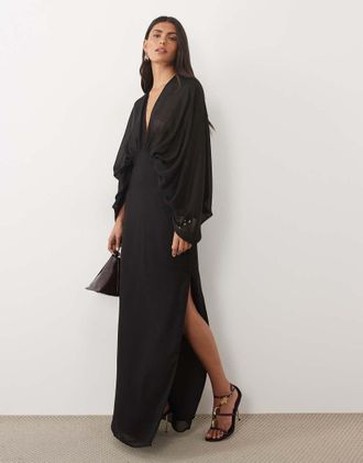 Asos vestito maxi in chiffon con maniche a pipistrello nero