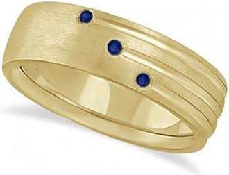 Allurez Mens Shooting Star Blue Sapphire Wedding Ring Band 14k Yellow Gold (0.15ct)