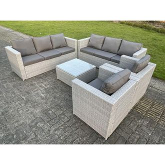Fimous Fimous 8 Seater Light Grey Outdoor PE Rattan Garden Furniture Set Wicker Sofa Set Square Coffee Table 2 Armchair