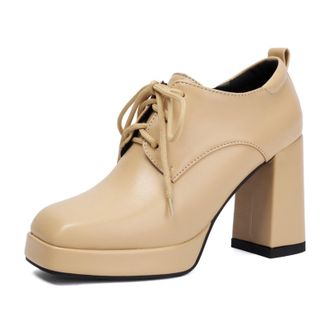 Generic Women Square Toe Lace Up Platform Pumps Chunky Block Heel Back Pull Tab Soft Upper Non Slip Sole Durable Comfortable Office Casual Shoes,Yellow,3.5 UK