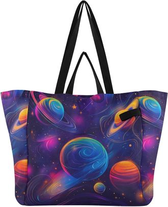 Generic Planet Star Blue print Reusable Canvas Tote Bag, Heavy Duty Grocery Shopping Bag with Double Handles Hard Bottom Large Capacity Work Groceries Travel