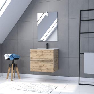 Aurlane Aurlane - Mueble De Ba&ntilde;o Suspendido 60cm - Puertas Acabado Roble - Lavabo Blanco+ Espejo Led - Timber 60