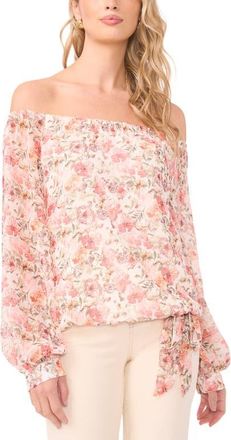 Vince Camuto Floral Off the Shoulder Tie Hem Top in New Ivory at Nordstrom, Size X-Large