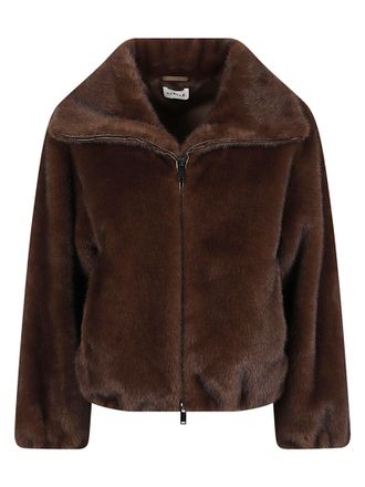 P.A.R.O.S.H. Cropped Faux Fur Jacket with Wide Collar and Gathered Hem
