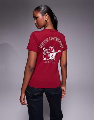True Religion T-shirt girocollo rossa con logo con strass e stampa sul retro-Rosso