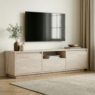 Dmora Mueble Para Tv Morrigan, Un Estante, 3 Puertas, 4 Compartimentos, 160x30x42h Cm M&aacute;rmol Blanco