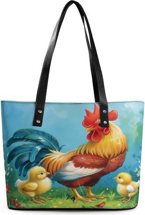 Generic Rooster with Chickens Painting Tote Bags for Women Cute Shoulder Purses Handbags