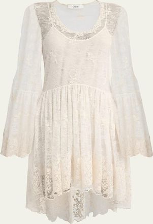 Chloé Lace U-Neck Long-Sleeve Mini Dress