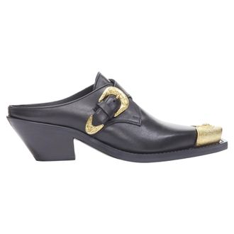 Versace 2019 black leather gold Medusa toe western buckle Cuban mule EU37