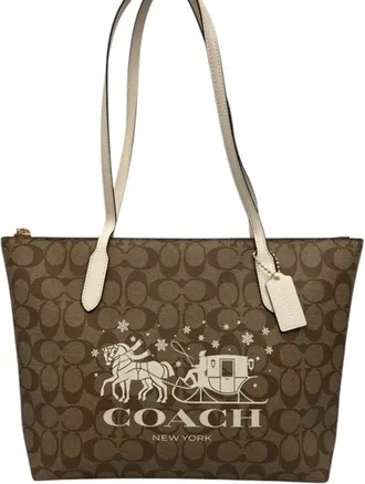 Coach Beige Off-White Signature Line Tote Bag (Pre-Owned)