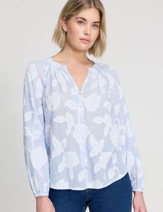 Finery Ivie Button Through Long Sleeve Blouse in Blue Floral Stripe at Nordstrom, Size 14
