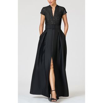 Sachin & Babi Arden Mixed Media Belted Gown in Black at Nordstrom, Size 18W